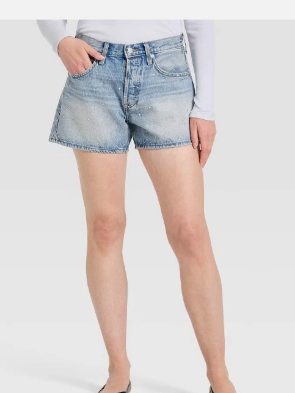 Women Mid-Rise 90 Baggy Rhinestone Denim Shorts - O
